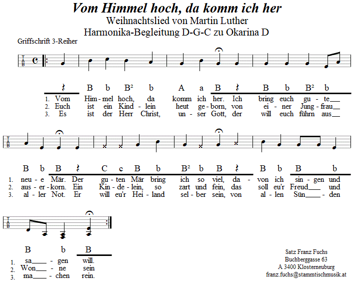 Vom Himmel hoch, da komm ich her, Weihnachtslied, Begleitstimme fr Steirische Harmonika zur Okarina. 
Bitte klicken, um die Melodie zu hren.