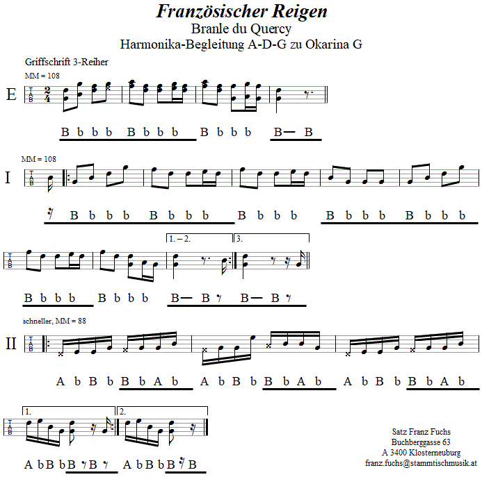 Französischer Reigen (Branle du Quercy), Begleitstimme für Steirische Harmonika zur Okarina. 
Bitte klicken, um die Melodie zu hören.