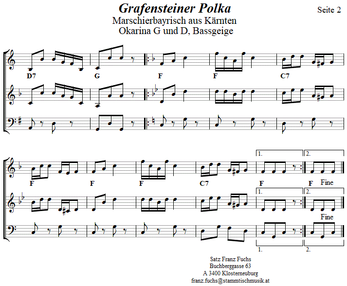 Grafensteiner Polka in zweistimmigen Noten für Okarina, Seite 2. 
Bitte klicken, um die Melodie zu hören.