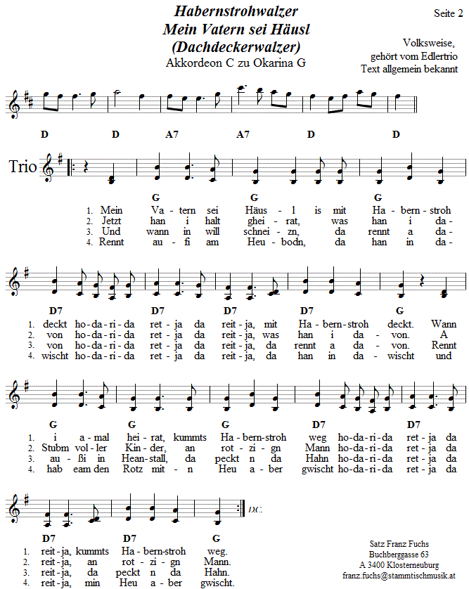 Habernstrohwalzer, Begleitstimme fr Akkordeon zur Okarina, Seite 2. 
Bitte klicken, um die Melodie zu hren.