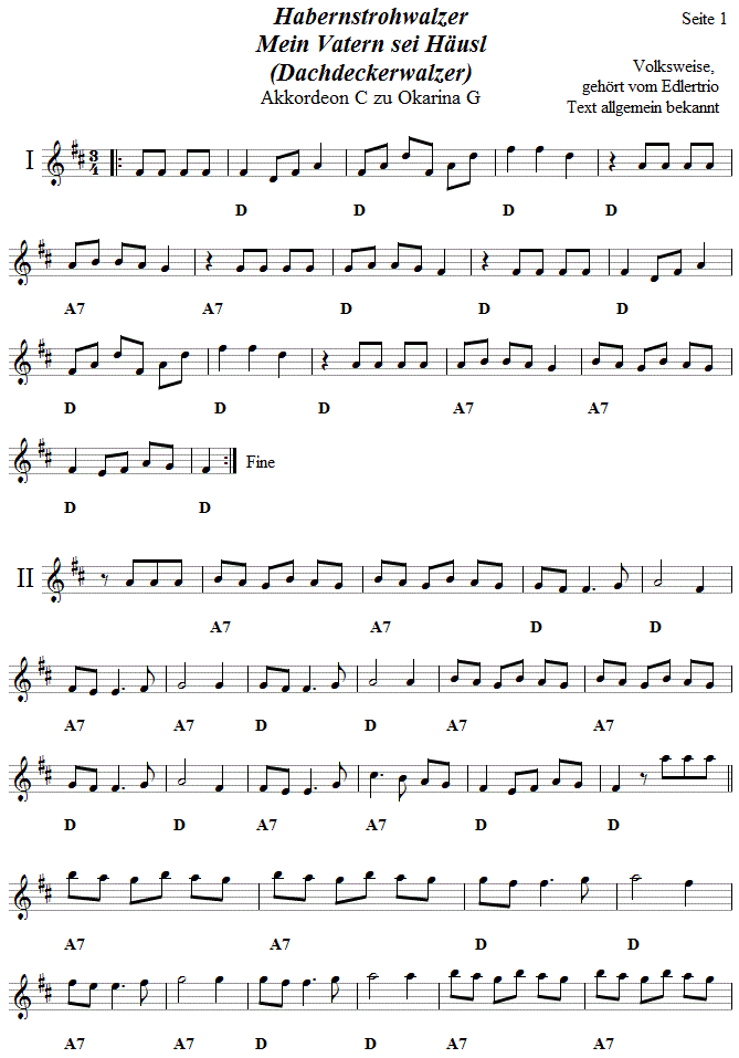 Habernstrohwalzer, Begleitstimme fr Akkordeon zur Okarina, Seite 1. 
Bitte klicken, um die Melodie zu hren.