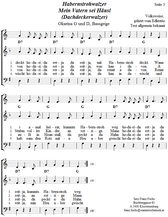 Habernstrohwalzer in zweistimmigen Noten fr Okarina, Seite 3. 
Bitte klicken, um die Melodie zu hren.