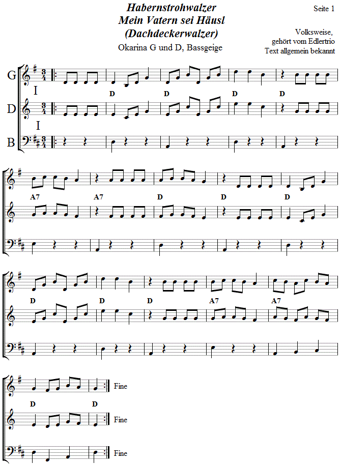 Habernstrohwalzer in zweistimmigen Noten für Okarina, Seite 1. 
Bitte klicken, um die Melodie zu hören.