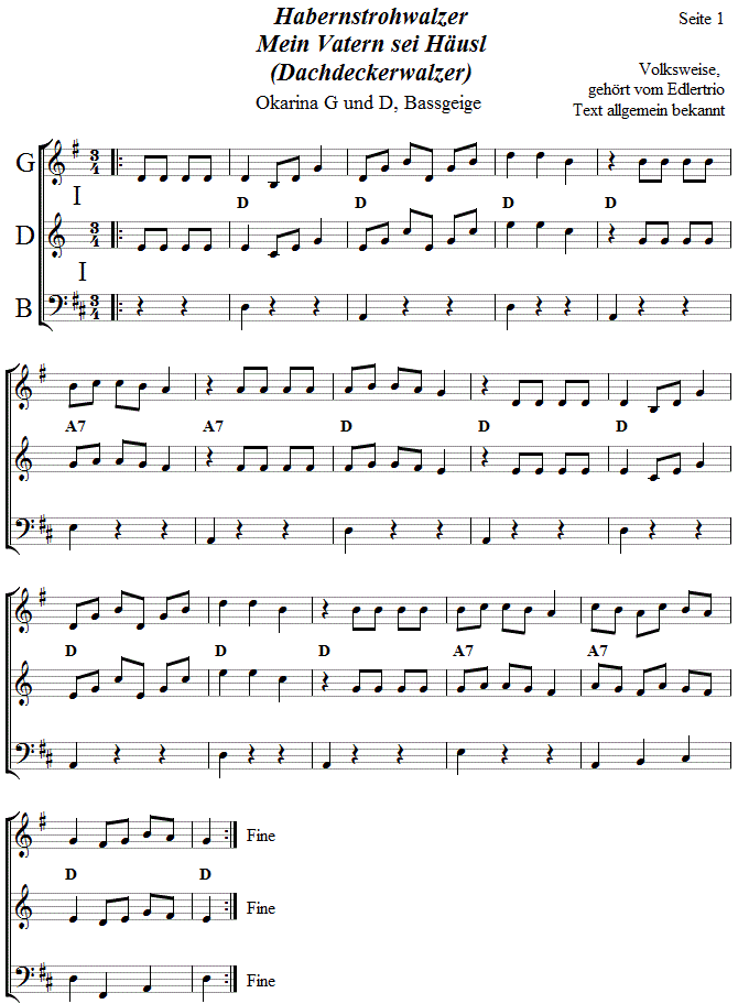 Habernstrohwalzer in zweistimmigen Noten fr Okarina, Seite 1. 
Bitte klicken, um die Melodie zu hren.