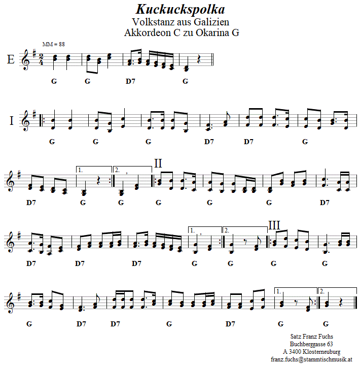 Kuckuckspolka Begleitstimme fr Akkordeon zur Okarina. 
Bitte klicken, um die Melodie zu hren.