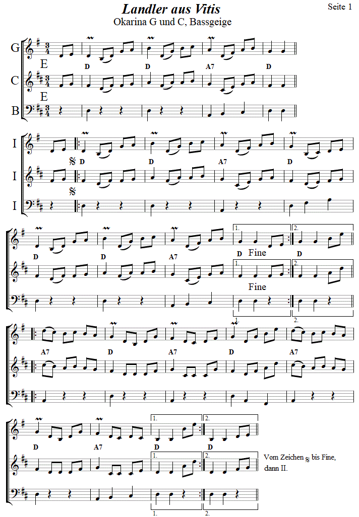 Landler aus Vitis, Seite 1, in zweistimmigen Noten für Okarina. 
Bitte klicken, um die Melodie zu hören.
