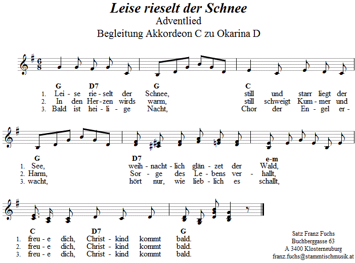 Leise rieselt der Schnee, Krippenlied, Begleitstimme fr Akkordeon zur Okarina. 
Bitte klicken, um die Melodie zu hren.