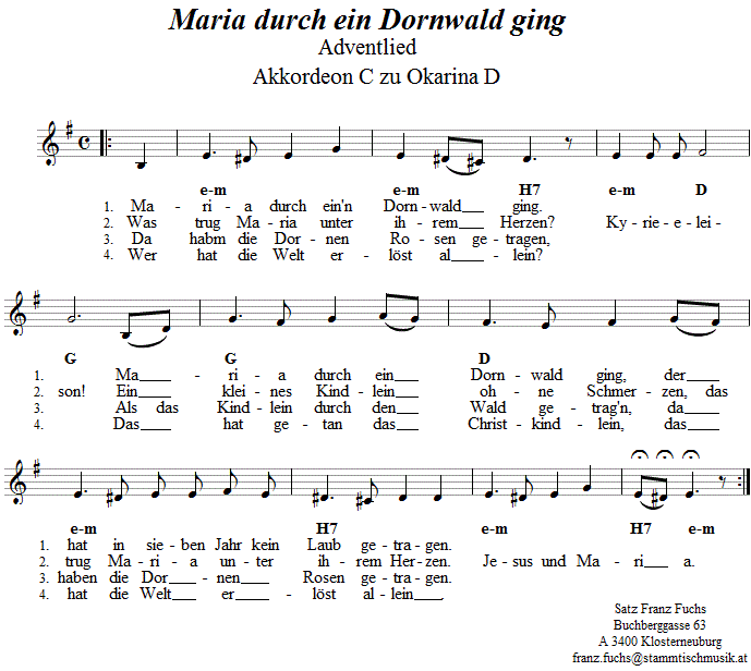 Maria durch ein Dornwald ging, Adventlied, Begleitstimme fr Akkordeon zur Okarina. 
Bitte klicken, um die Melodie zu hren.