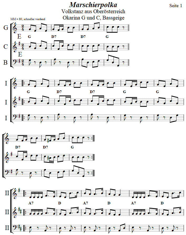 Marschierpolka, Seite 1, in zweistimmigen Noten für Okarina. 
Bitte klicken, um die Melodie zu hören.