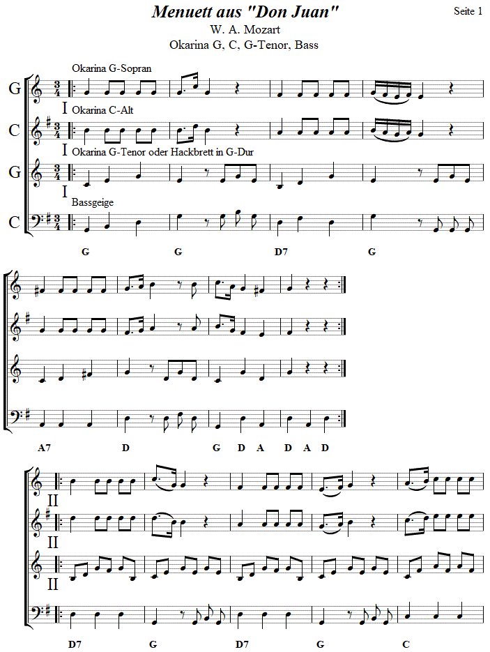 Menuett aus Don Juan in vierstimmigen Noten für Okarina, Seite 1. 
Bitte klicken, um die Melodie zu hören.