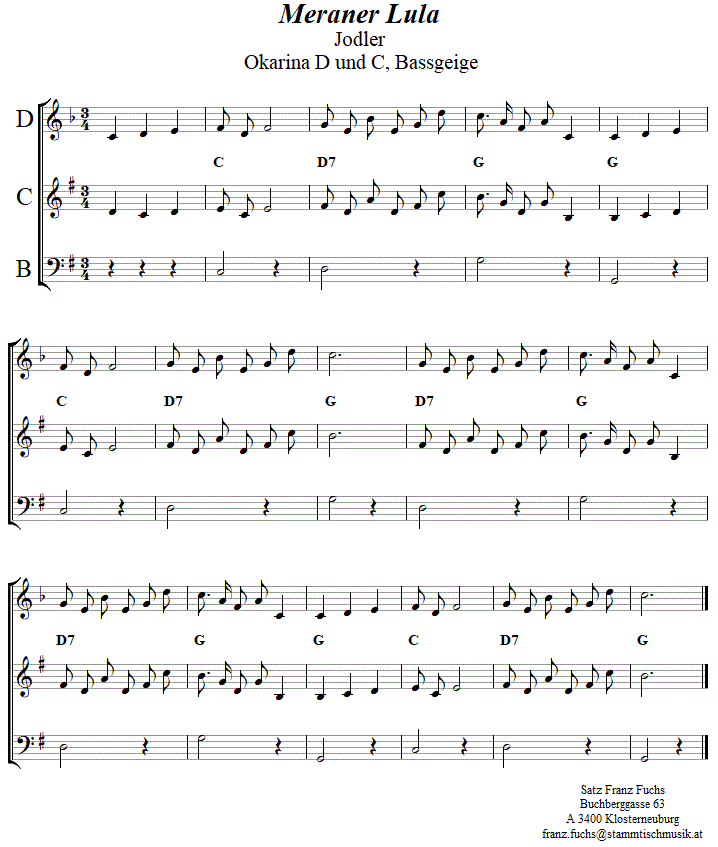 Meraner Lula, Jodler in zweistimmigen Noten für Okarina, Seite 1. 
Bitte klicken, um die Melodie zu hören.