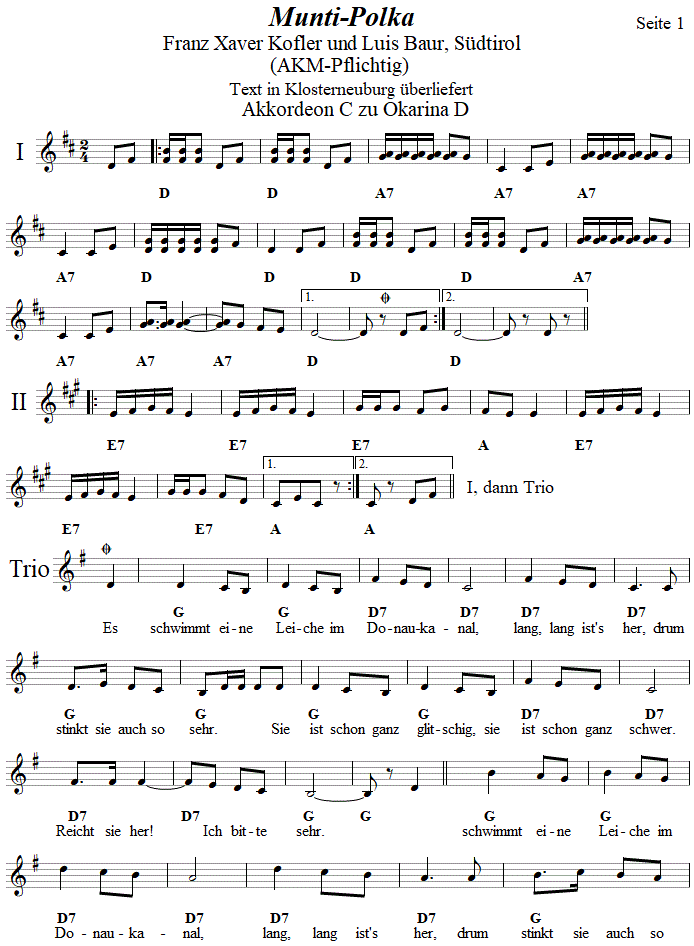 Munti-Polka, Begleitstimme für Akkordeon zur Okarina, Seite 1. 
Bitte klicken, um die Melodie zu hören.