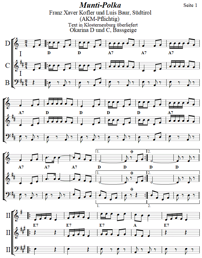 Muntil-Polka in zweistimmigen Noten für Okarina, Seite 1. 
Bitte klicken, um die Melodie zu hören.