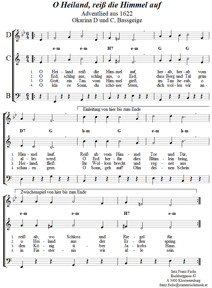 O Heiland, rei die Himmel auf, Adventlied in zweistimmigen Noten fr Okarina, Seite 1. 
Bitte klicken, um die Melodie zu hren.