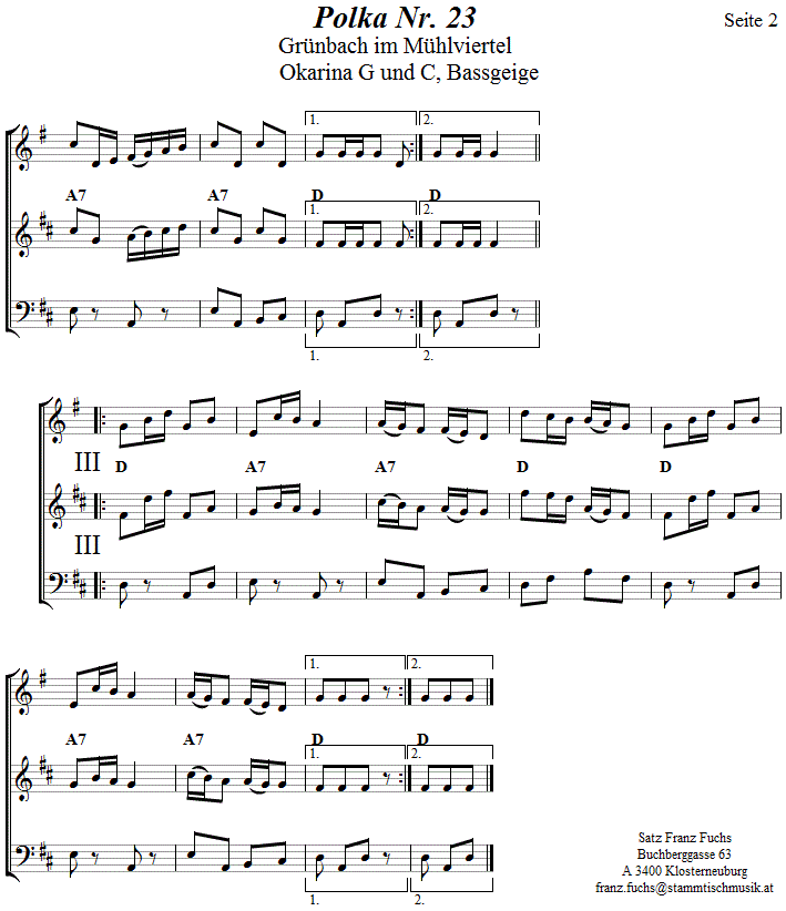 Polka Nr. 23 aus Grünbach  in zweistimmigen Noten für Okarina, Seite 2. 
Bitte klicken, um die Melodie zu hören.