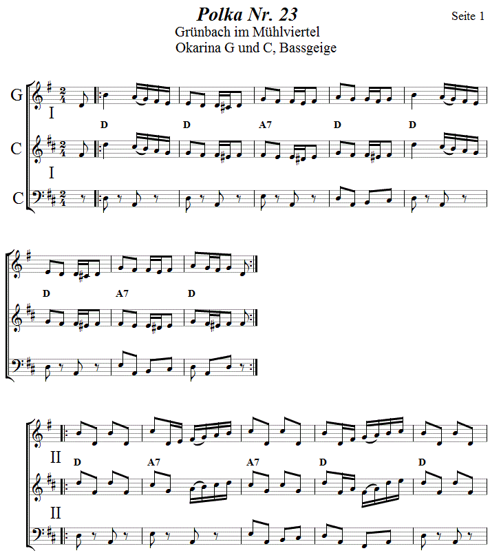 Polka Nr. 23 aus Grünbach in zweistimmigen Noten für Okarina, Seite 1. 
Bitte klicken, um die Melodie zu hören.