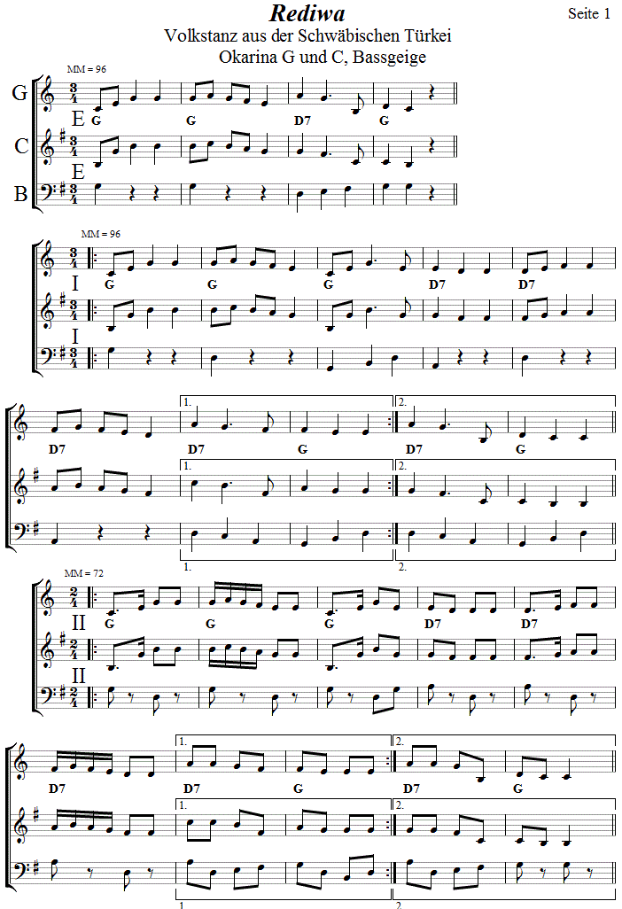 Rediwa in zweistimmigen Noten für Okarina, Seite 1. 
Bitte klicken, um die Melodie zu hören.