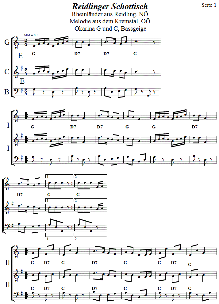 Reidlinger Schottisch in zweistimmigen Noten fr Okarina, Seite 1. 
Bitte klicken, um die Melodie zu hren.