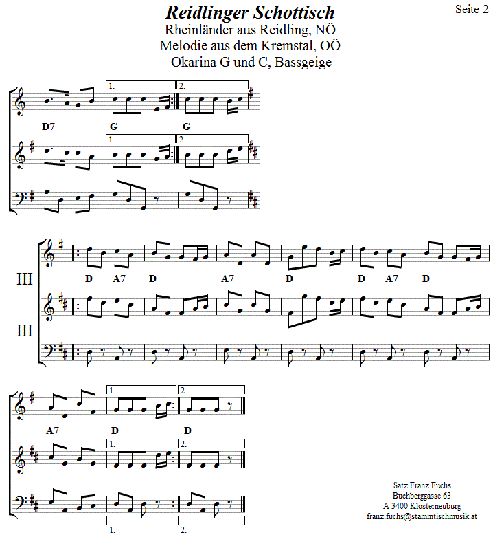 Reidlinger Schottisch in zweistimmigen Noten fr Okarina, Seite 2. 
Bitte klicken, um die Melodie zu hren.