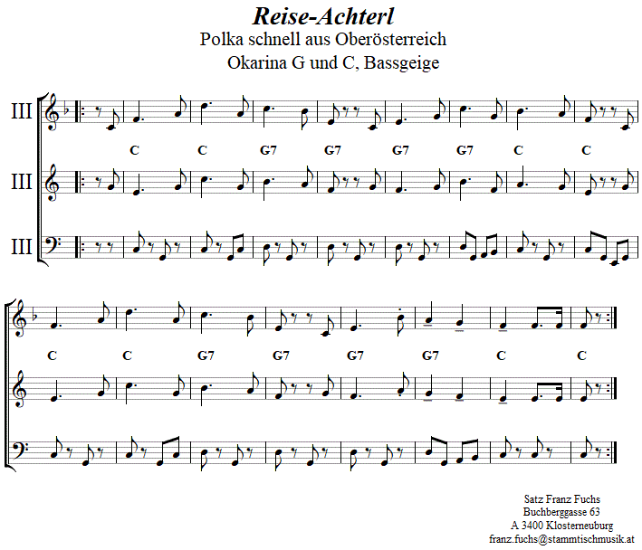 Reiseachterl  in zweistimmigen Noten für Okarina, Seite 2. 
Bitte klicken, um die Melodie zu hören.