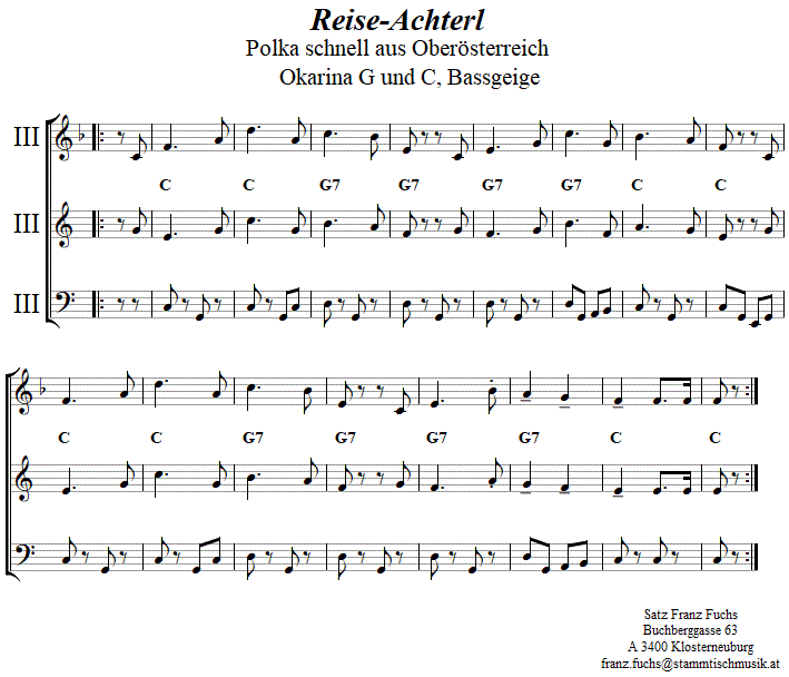 Reiseachterl  in zweistimmigen Noten fr Okarina, Seite 2. 
Bitte klicken, um die Melodie zu hren.