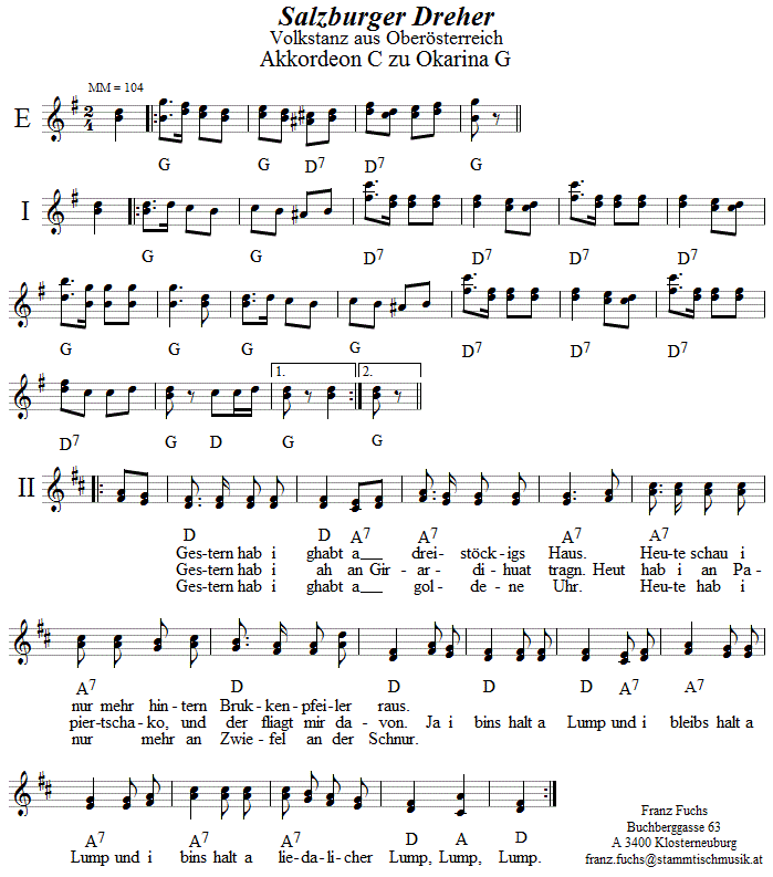 Salzburger Dreher Begleitstimme für Akkordeon zur Okarina. 
Bitte klicken, um die Melodie zu hören.