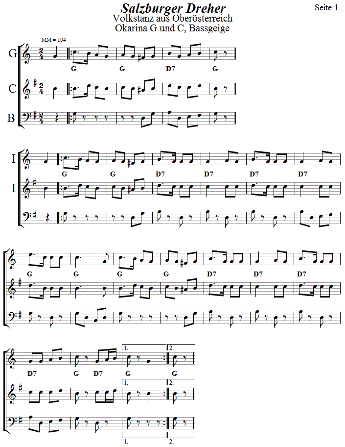 Salzburger Dreher in zweistimmigen Noten für Okarina, Seite 1. 
Bitte klicken, um die Melodie zu hören.