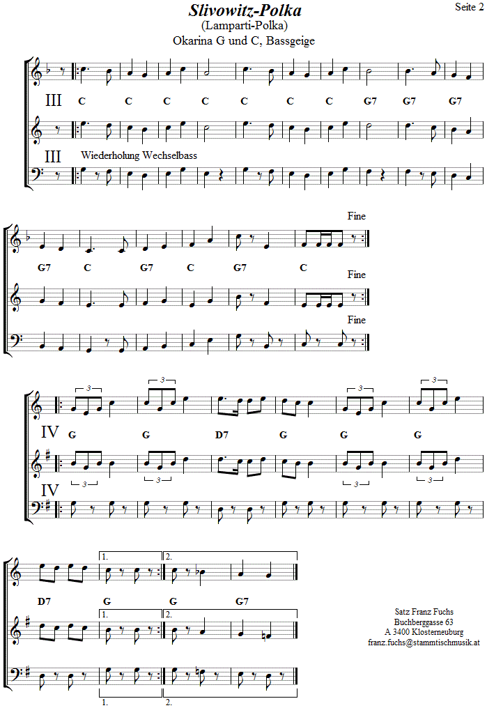 Slivowitz-Polka  in zweistimmigen Noten für Okarina, Seite 2. 
Bitte klicken, um die Melodie zu hören.