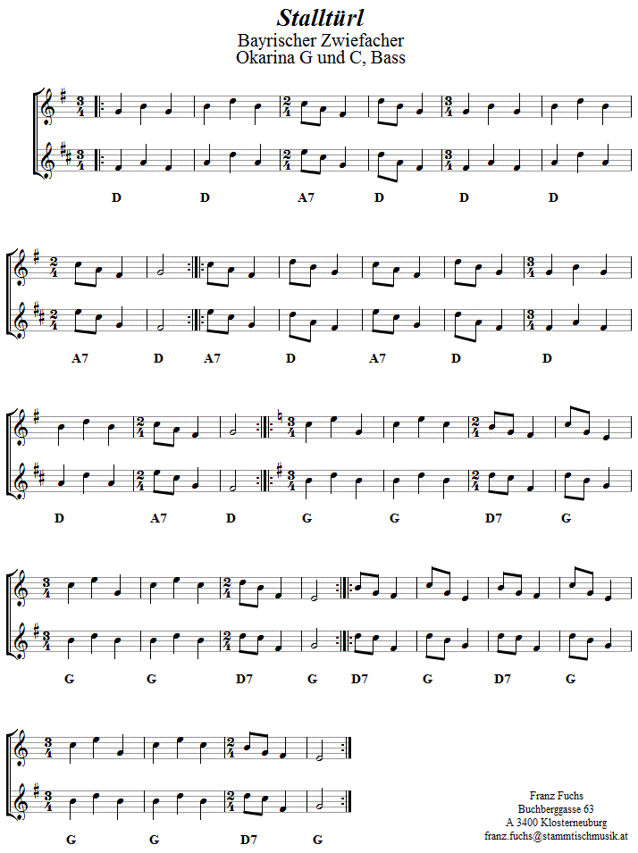 Stalltürl Zwiefachert in zweistimmigen Noten für Okarina. 
Bitte klicken, um die Melodie zu hören.