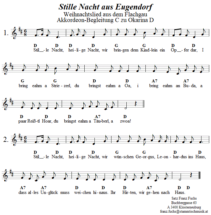 Stille Nacht aus Eugendorf, Weihnachtslied, Begleitstimme fr Akkordeon zur Okarina. 
Bitte klicken, um die Melodie zu hren.