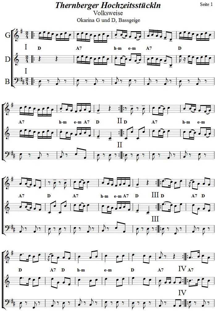 Thernberger Hochzeitsstückln  in zweistimmigen Noten für Okarina, Seite 1. 
Bitte klicken, um die Melodie zu hören.