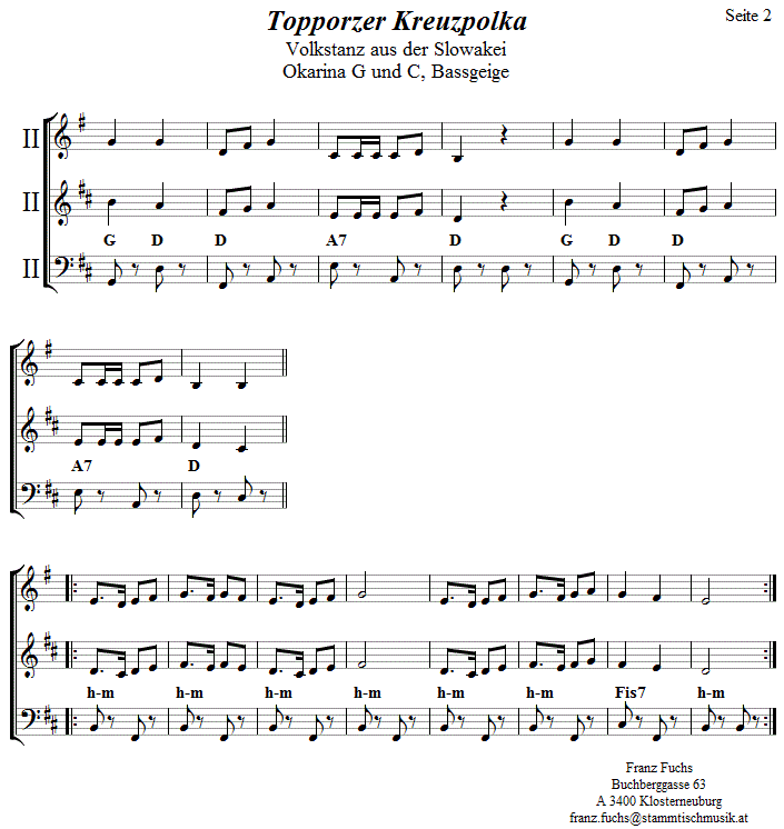 Topporzer Kreuzpolka in zweistimmigen Noten für Okarina, Seite 2. 
Bitte klicken, um die Melodie zu hören.