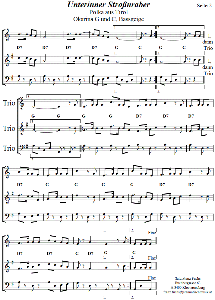 Unterinner Stroßnraber  in zweistimmigen Noten für Okarina, Seite 2. 
Bitte klicken, um die Melodie zu hören.