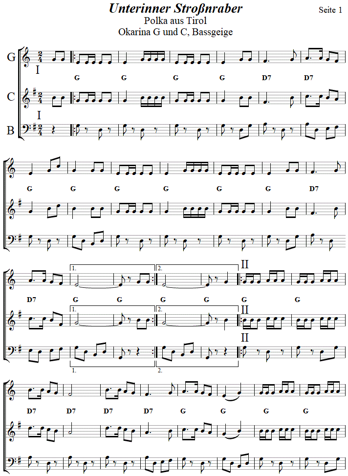 Unterinner Stroßnraber in zweistimmigen Noten für Okarina, Seite 1. 
Bitte klicken, um die Melodie zu hören.