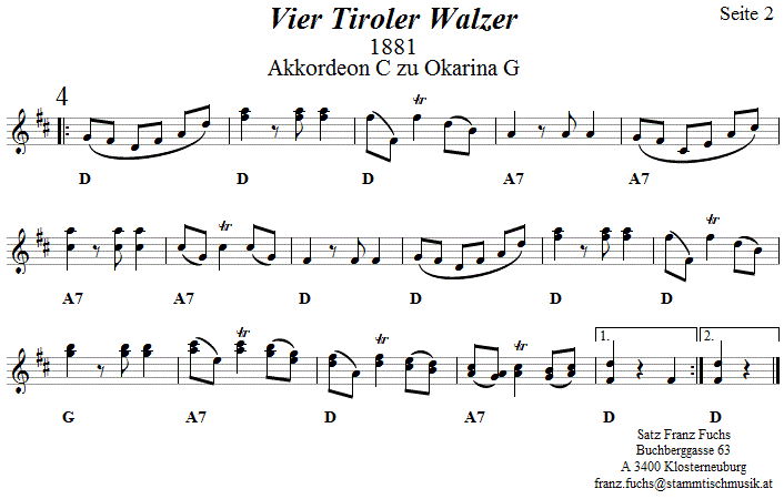 Vier Tiroler Walzer, Begleitstimme für Akkordeon zur Okarina, Seite 2. 
Bitte klicken, um die Melodie zu hören.