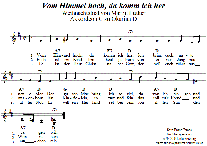 Vom Himmel hoch, da komm ich her, Weihnachtslied, Begleitstimme fr Akkordeon zur Okarina. 
Bitte klicken, um die Melodie zu hren.