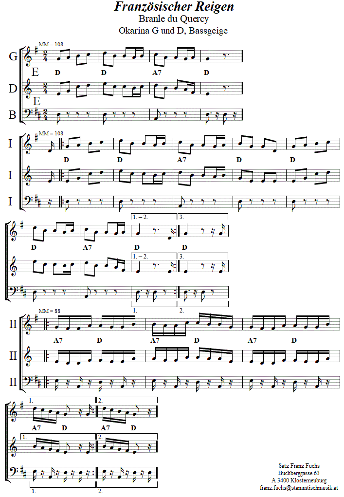 Franzsischer Reigen (Branle du Quercy) in zweistimmigen Noten fr Okarina. 
Bitte klicken, um die Melodie zu hren.